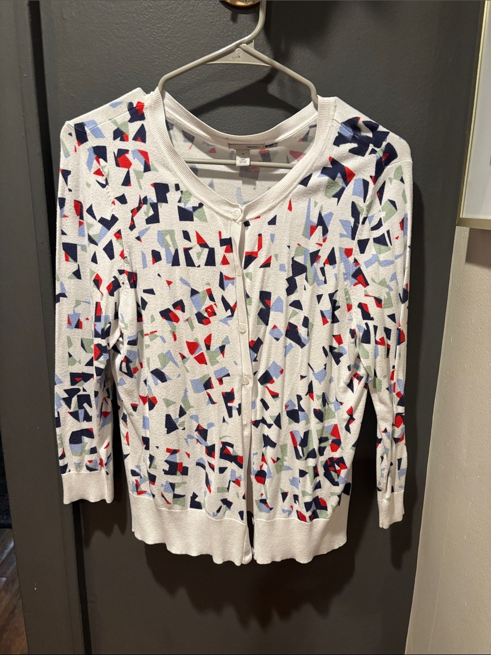 Halogen White Cardigan with Navy, Red, Light Blue, and Sage Accents
